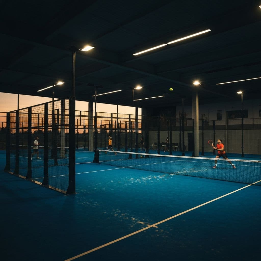 Players on a professional padel court at golden hour